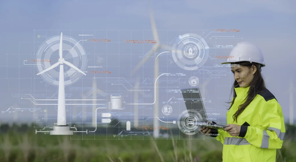 ioe-engineer-working-holding-report-wind-turbine-farm-power-generator-station