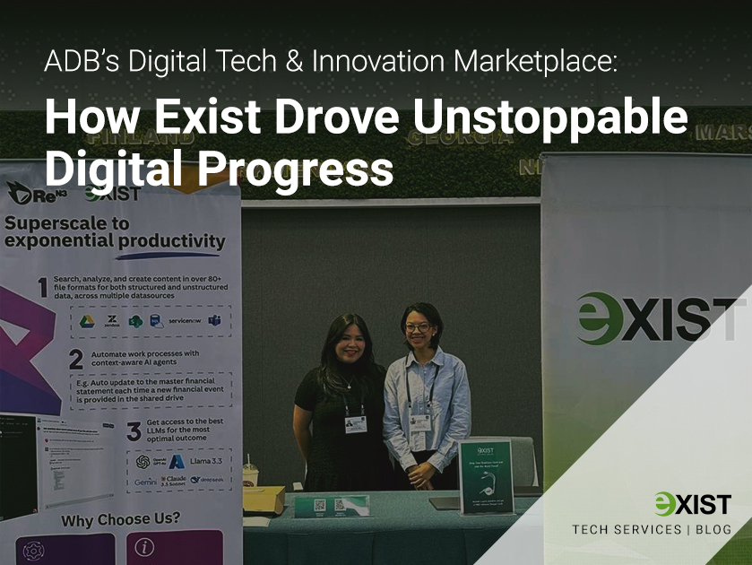 Two women at ADB APDTF event with text saying Empowering Digital Transformation: How Exist Showcased Innovation at ADB’s Digital Tech & Innovation Marketplace