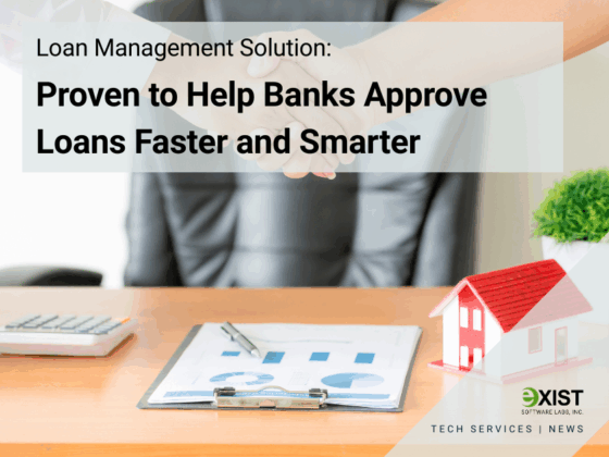 Graphic of shaking hands for loan approval with text saying oan Management Solution: Proven to Help Banks Approve Loans Faster and Smarter