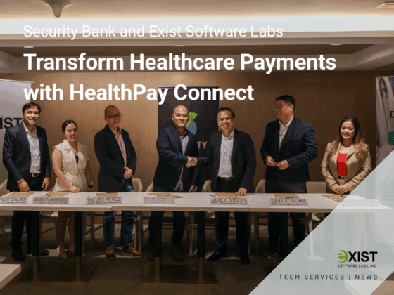 Security Bank team posing with Exist Software Labs team for ceremonial signing event with text that says Security Bank and Exist Software Labs Transform Healthcare Payments with HealthPay Connect