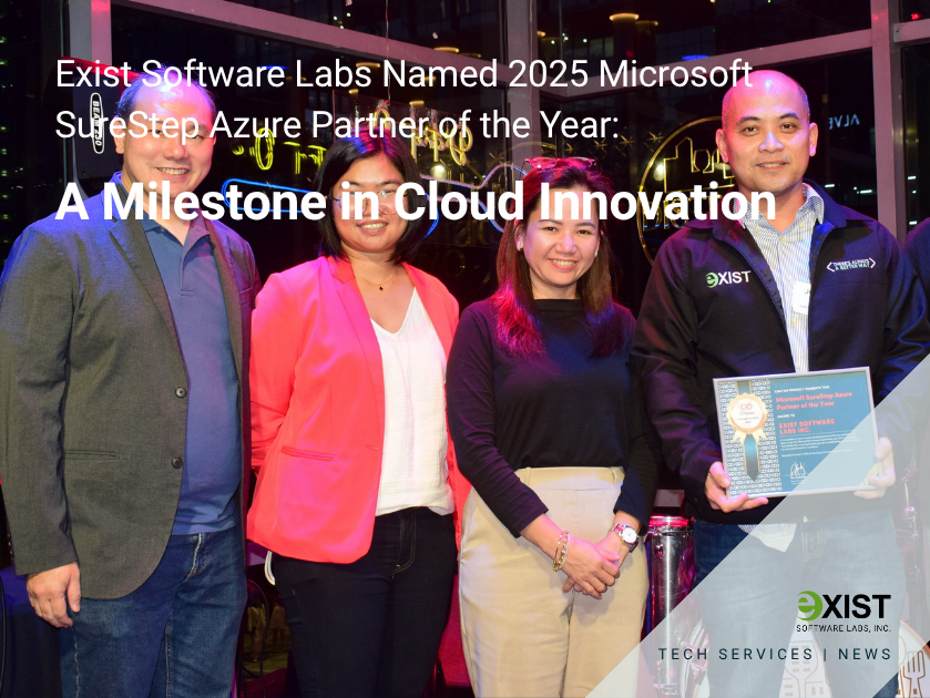 Exist Software Labs team with Microsoft Philippines and Crayon Philippines team with text Exist Software Labs Named 2025 Microsoft SureStep Azure Partner of the Year: A Milestone in Cloud Innovation