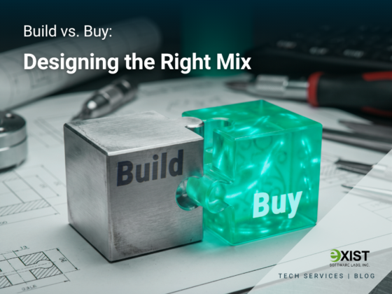 blog title card with text that says build vs buy designing the right mix with metal block that says build and another block that says buy