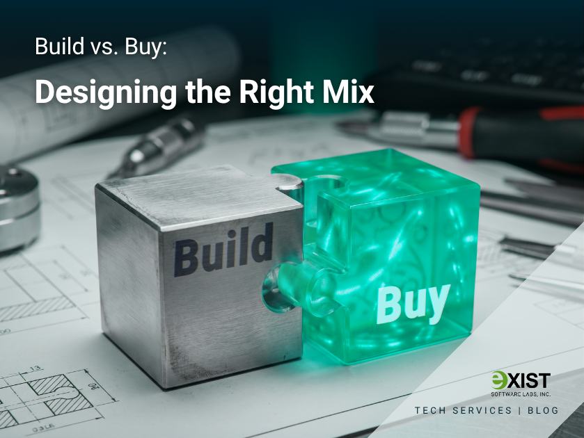blog title card with text that says build vs buy designing the right mix with metal block that says build and another block that says buy