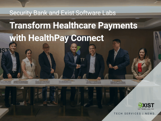 Security Bank team posing with Exist Software Labs team for ceremonial signing event with text that says Security Bank and Exist Software Labs Transform Healthcare Payments with HealthPay Connect